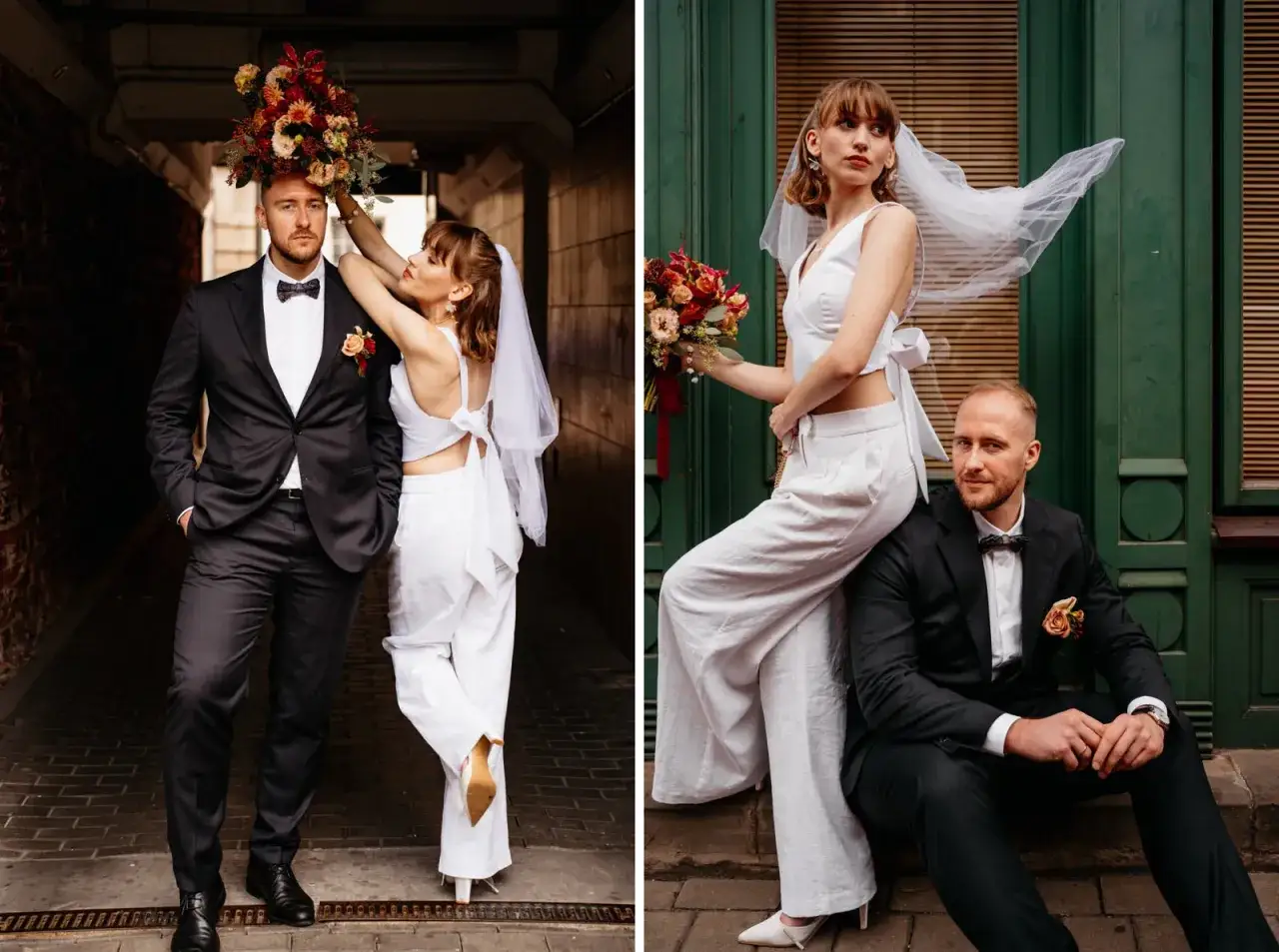 Para młoda celebruje cichy ślub cywilny. Ona w białym, dwuczęściowym stroju z welonem, on w eleganckim garniturze.
