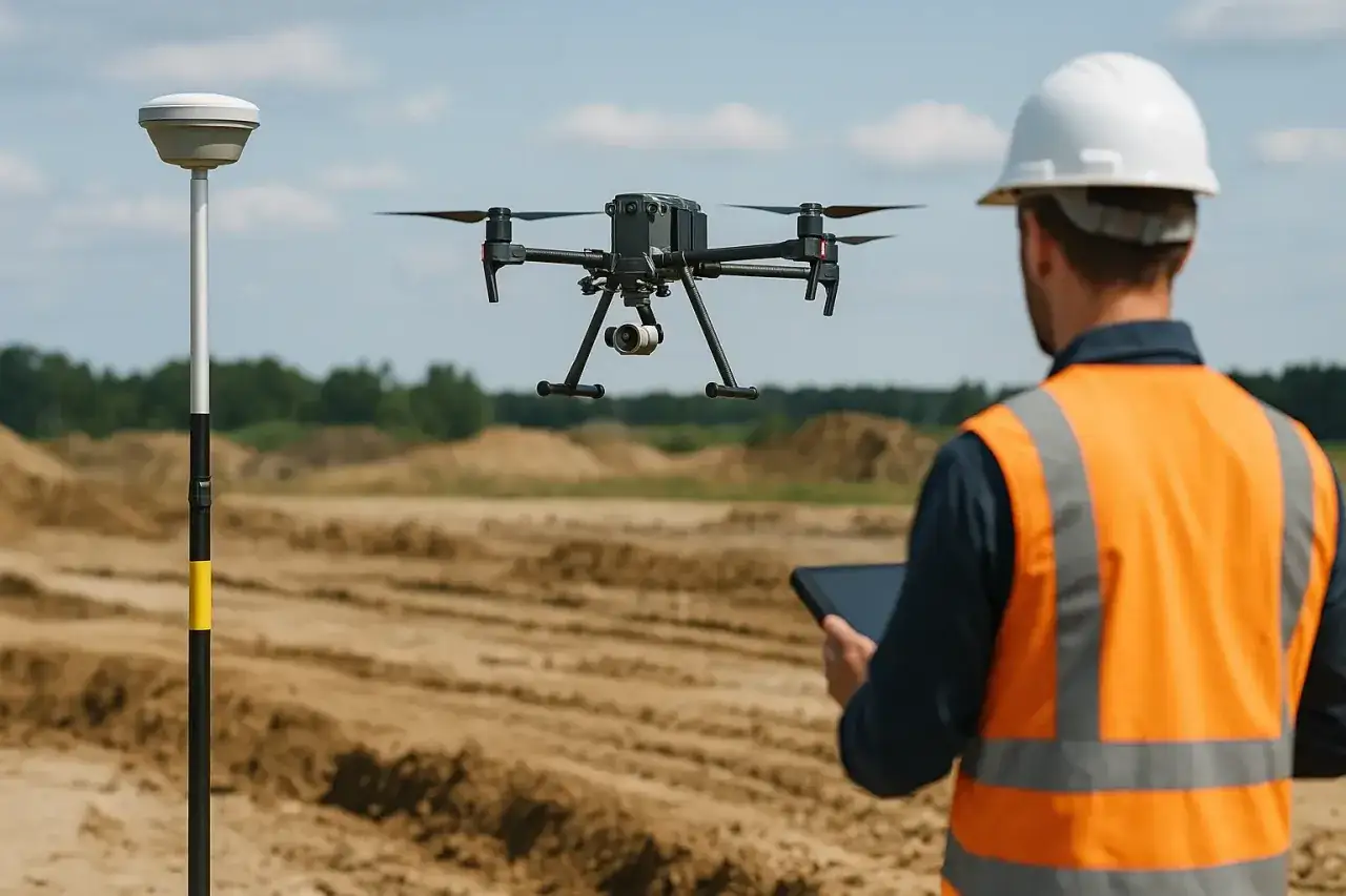 Geodeta steruje dronem, który wykonuje pomiary. Obok stoi tyczka z odbiornikiem GNSS. To przykład zastosowania technologii RTK.