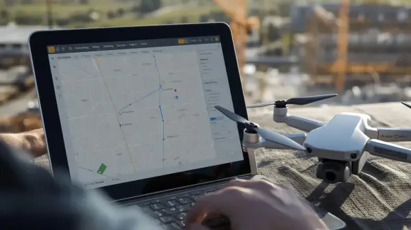 Planowanie zgłoszenie lotu dronem na mapie na laptopie. Obok leży dron.