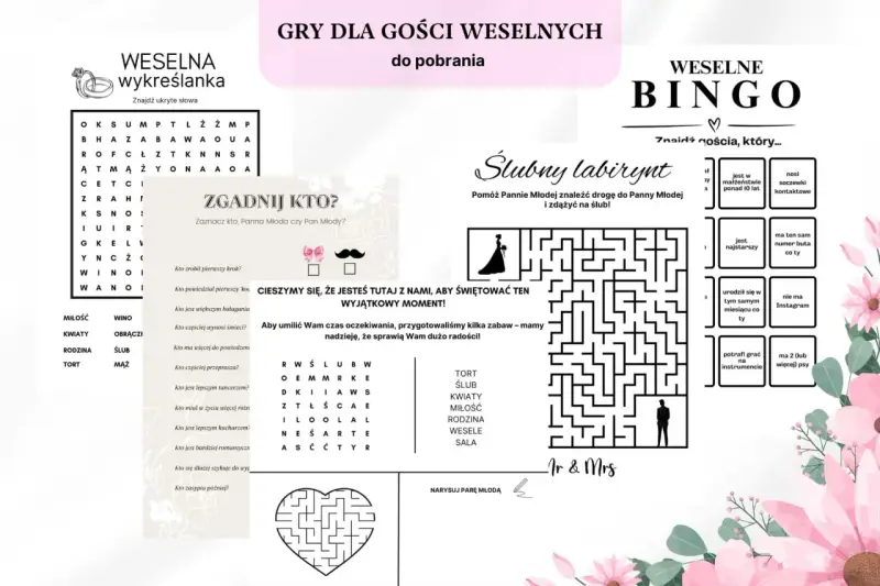 Gry dla gości weselnych: wykreślanka, bingo, labirynt i zgadnij kto. Idealne pytania dla gości weselnych, by umilić czas oczekiwania.